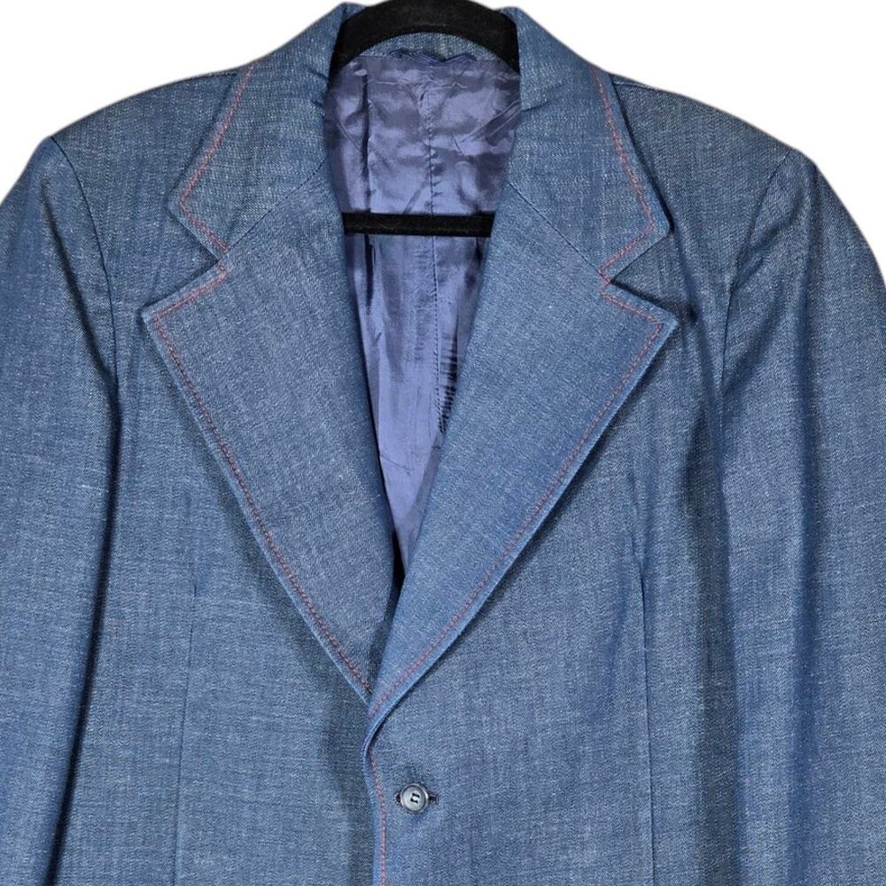 Vintage Denim Sports Coat Men 40 h.i.s. Sportclothes Blue Contrast Red Stitching - Picture 2 of 9